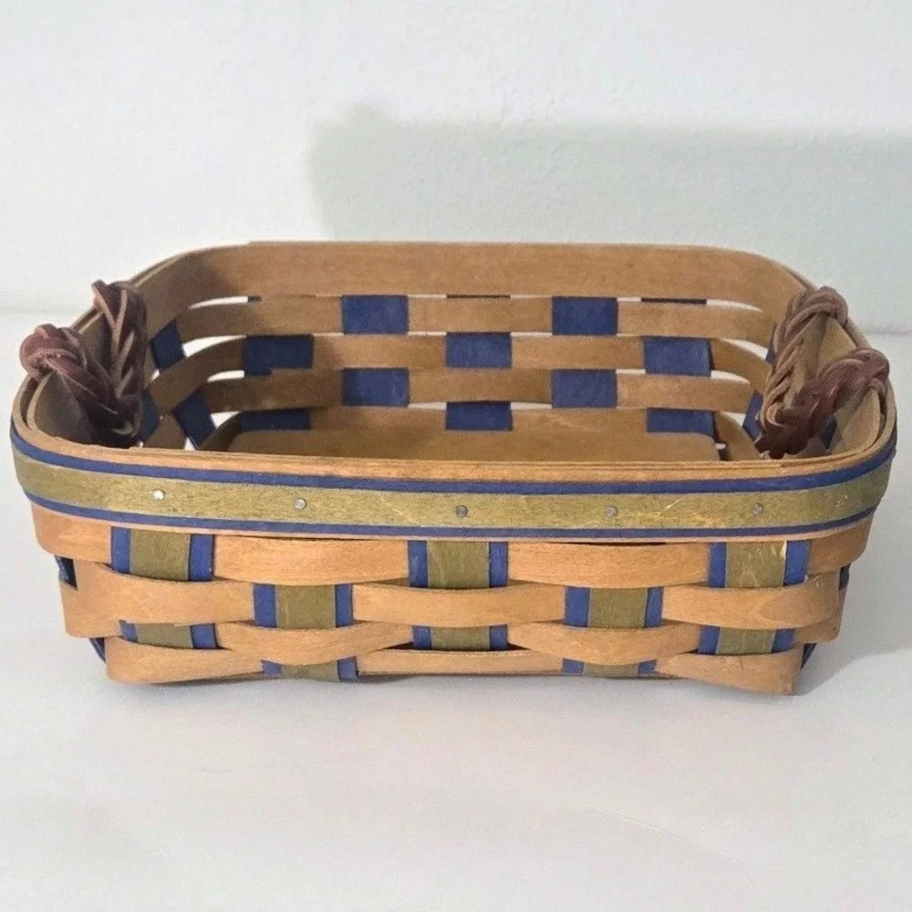 Longaberger 2009 Handmade Basket Blue Green Woven‎ Square Leather Handles USA